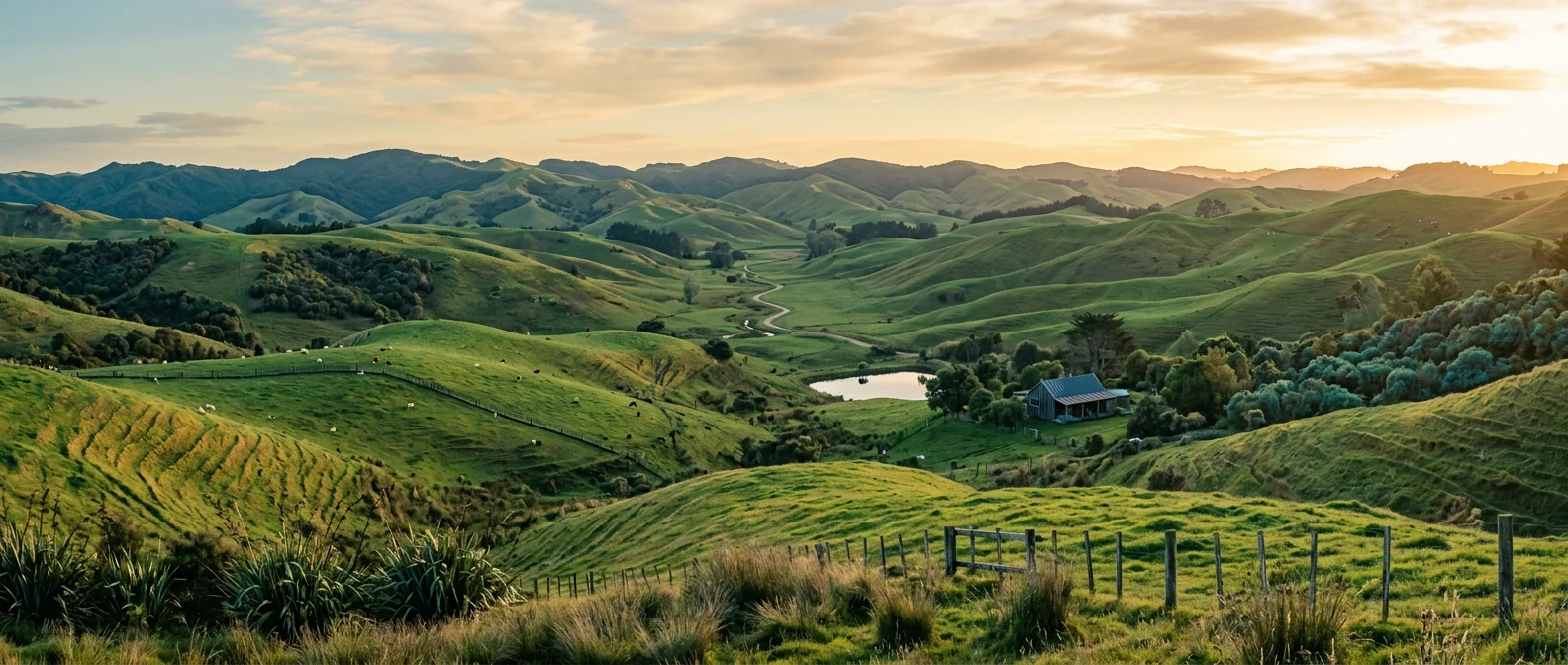 Lush New Zealand green hills at golden hour - serene natural landscape