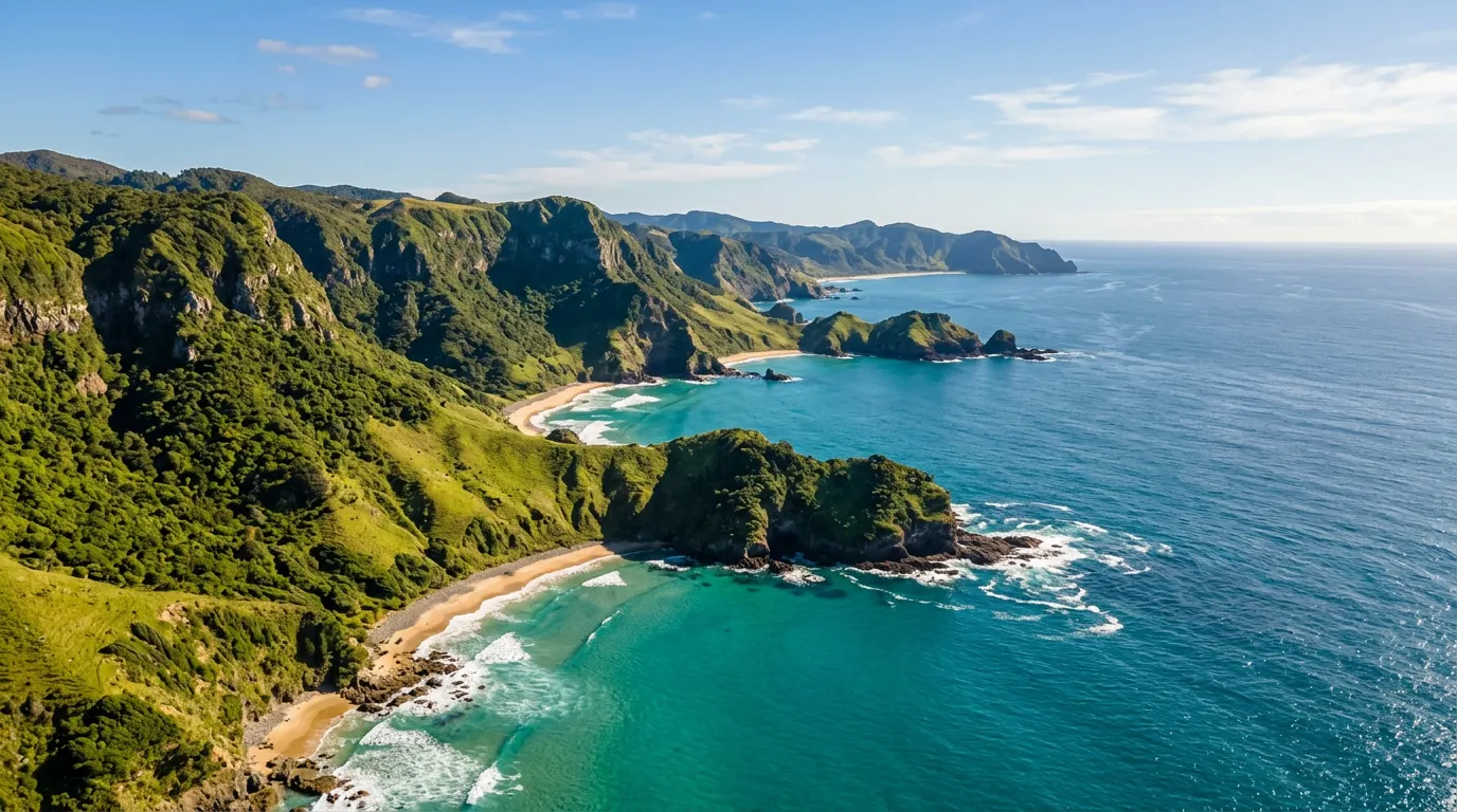 Aerial view of New Zealand coastal landscape - green cliffs and turquoise ocean